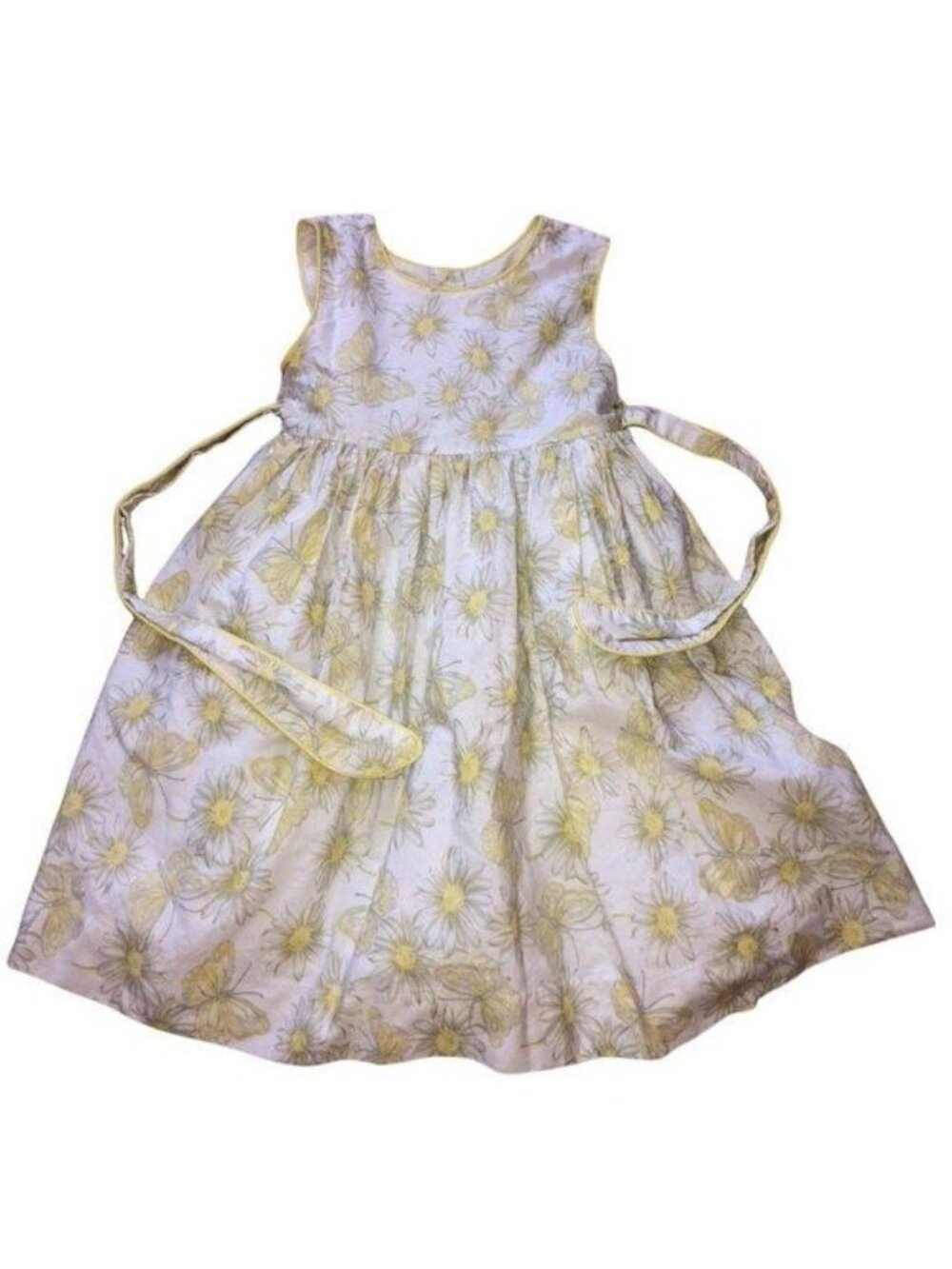 Polly Flinders 3T Sleeveless Yellow Daisy & Butterfly Print Dress With Tie Back